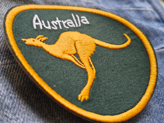 Kangaroo, Australia Green and Gold, Travel Iron On Embroidery Patch Destination Souvenir Gift