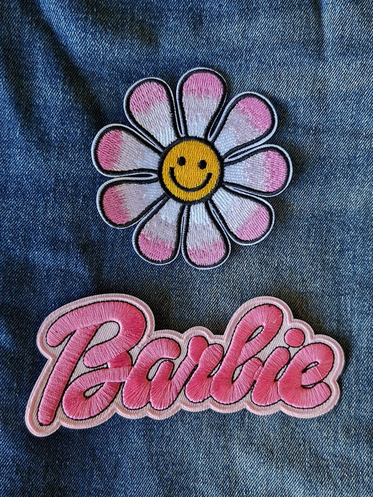 Happy Pink Flower, Kids, Iron On Embroidery Patch