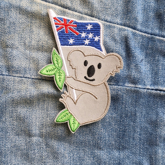 Koala with Australian Flag, Iron On Embroidery Patch