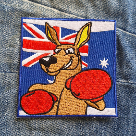 Kangaroo - Blue Boxing, Australia Iron On Embroidery Patch