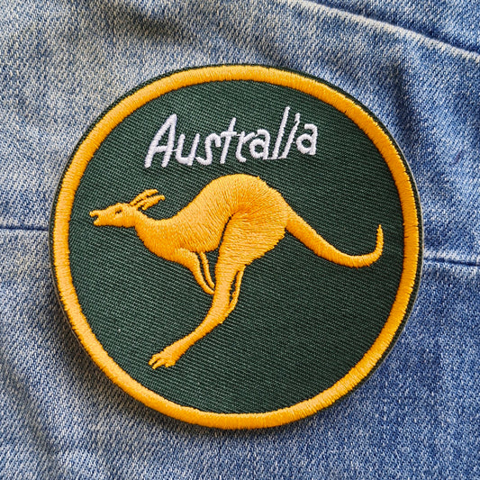 Kangaroo, Australia Green and Gold, Travel Iron On Embroidery Patch Destination Souvenir Gift