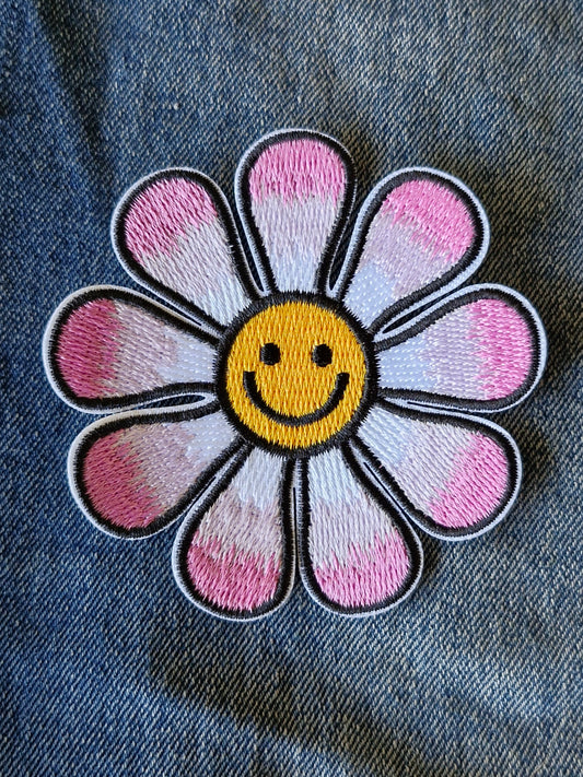 Happy Pink Flower, Kids, Iron On Embroidery Patch